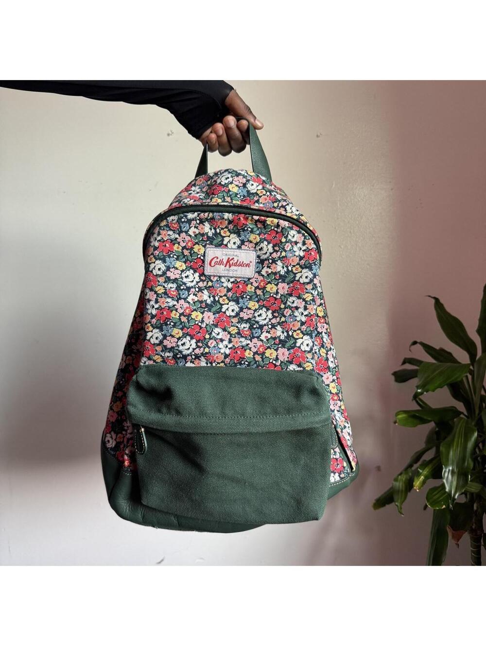 Vintage Cath Kidston Floral Backpack Cottagecore Forest Green leather Canvas